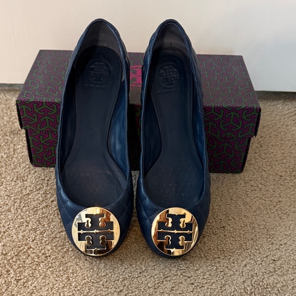 Tory Burch Shoes - Tory Burch Dark Blue Quilted Flats with Gold Emblem